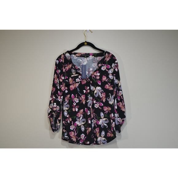 Adrienne vittadini black floral print 2 faux Pocket 4 button NWT blouse SM, top - Picture 1 of 10
